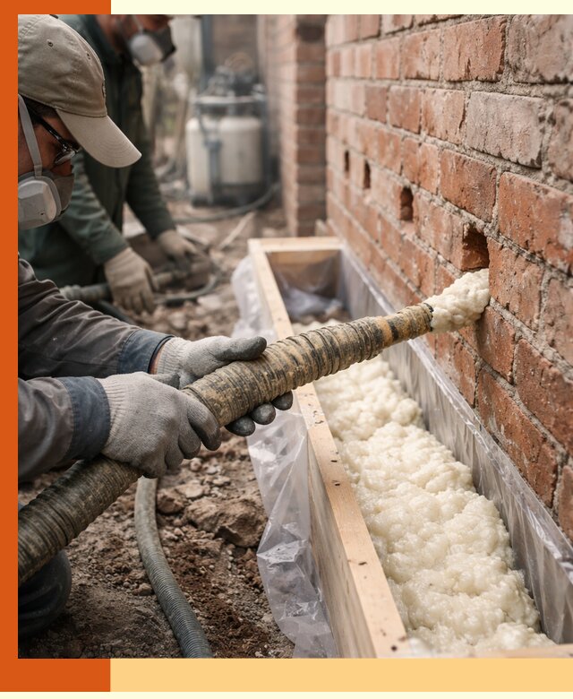 Заливка ППУ в пустоты кирпичной стены в Киржаче